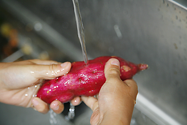 サツマイモを洗う